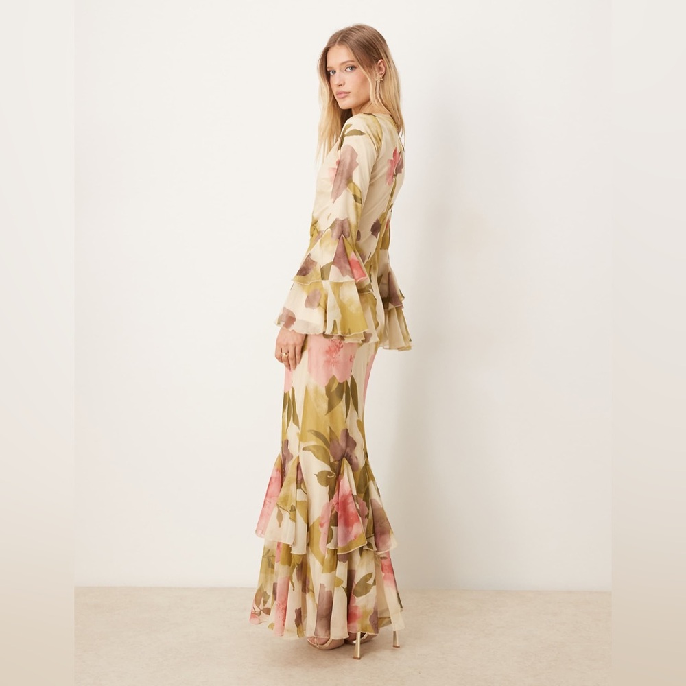 ASOS Cream Floral Tiered Maxi Dress with Pink and Olive Accents